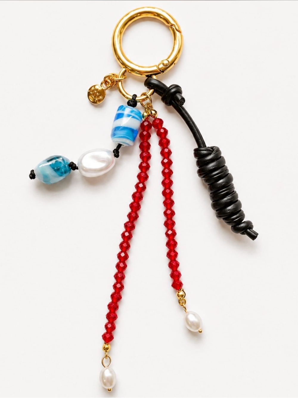 Gold Ring Keychain/Bag Charm with Red & Blue Beads and Pearl Beads NWOT